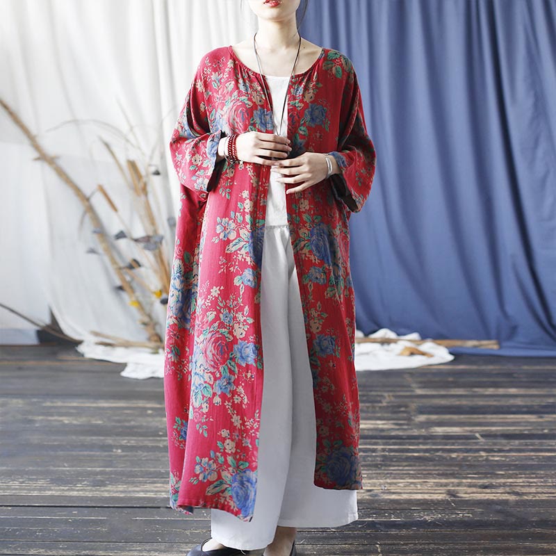 Giacca cappotto aperta sul davanti con maniche a tre quarti in cotone con stampa di fiori rossi e blu , Buddha Stones