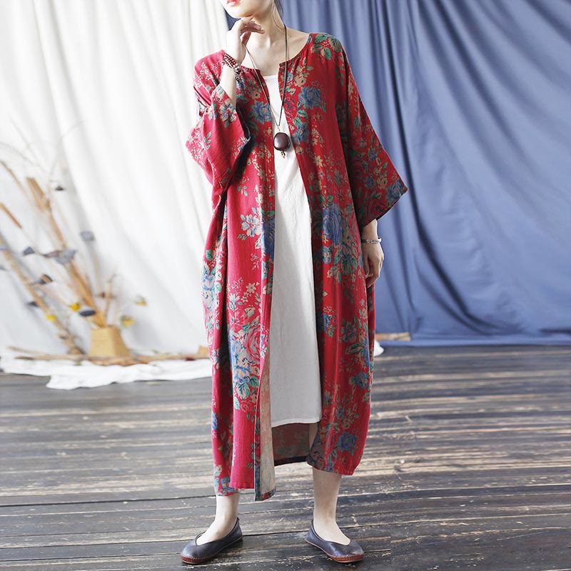 Giacca cappotto aperta sul davanti con maniche a tre quarti in cotone con stampa di fiori rossi e blu , Buddha Stones