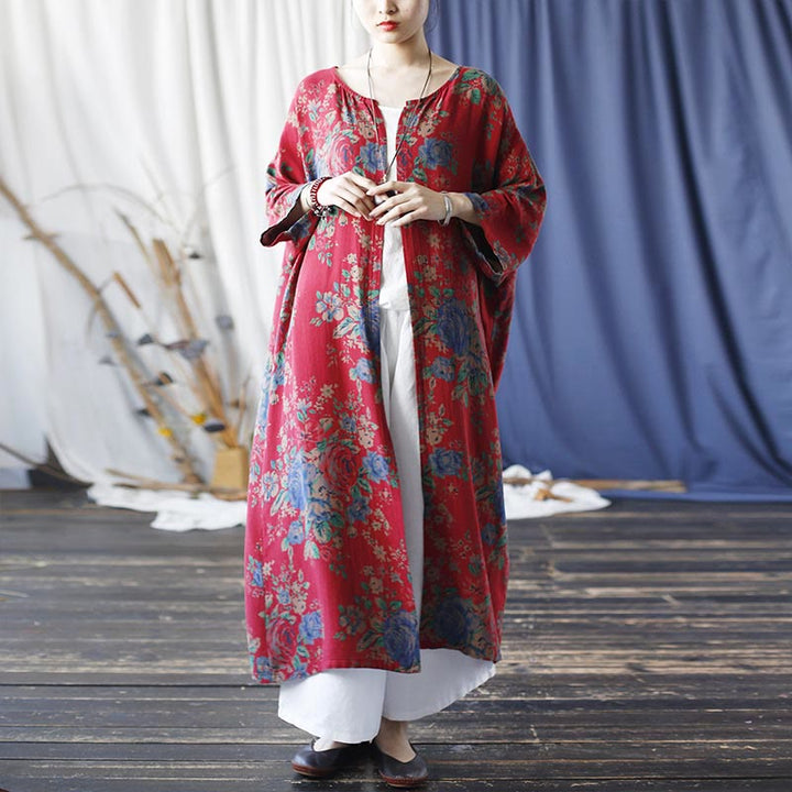 Giacca cappotto aperta sul davanti con maniche a tre quarti in cotone con stampa di fiori rossi e blu , Buddha Stones