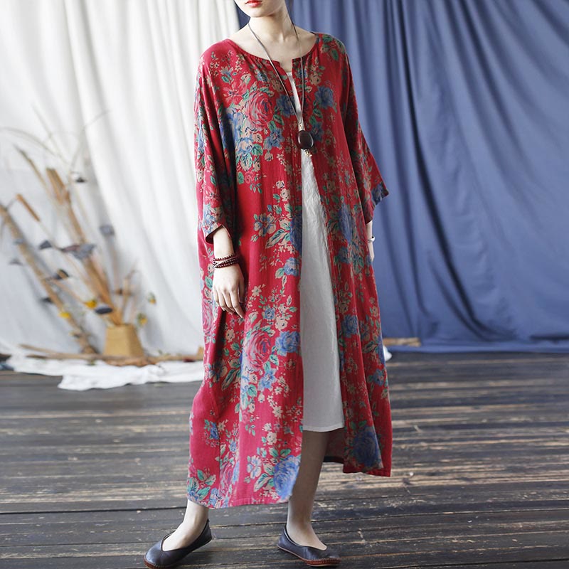 Giacca cappotto aperta sul davanti con maniche a tre quarti in cotone con stampa di fiori rossi e blu , Buddha Stones