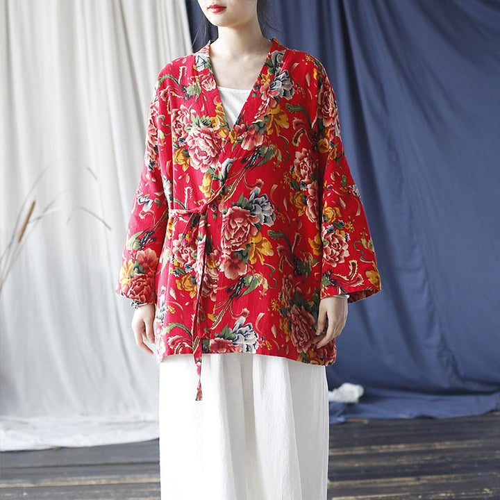 Giacca con lacci in cotone e lino con stampa di peonie in stile etnico con fiori rossi nord-orientali Buddha Stones