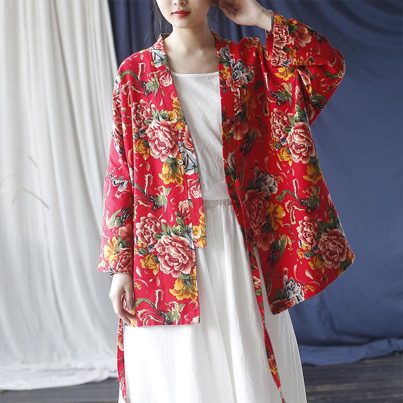 Giacca con lacci in cotone e lino con stampa di peonie in stile etnico con fiori rossi nord-orientali Buddha Stones