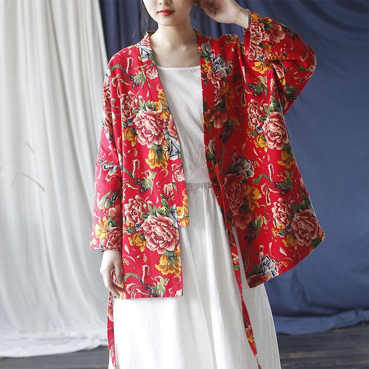 Giacca con lacci in cotone e lino con stampa di peonie in stile etnico con fiori rossi nord-orientali Buddha Stones