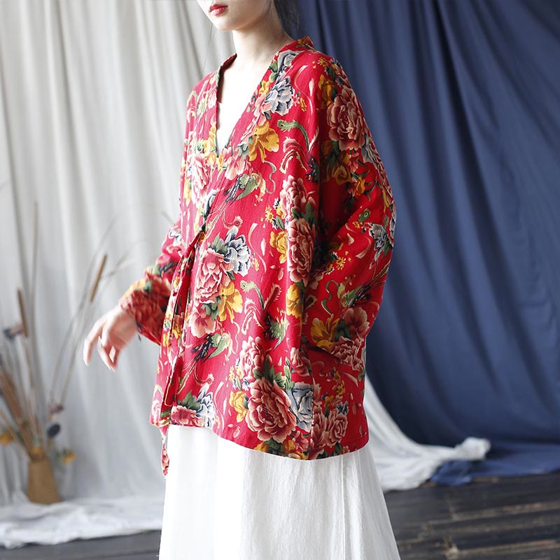 Giacca con lacci in cotone e lino con stampa di peonie in stile etnico con fiori rossi nord-orientali Buddha Stones