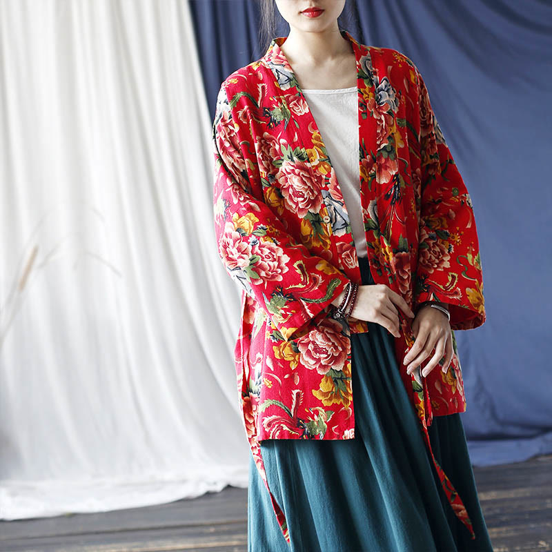 Giacca con lacci in cotone e lino con stampa di peonie in stile etnico con fiori rossi nord-orientali Buddha Stones