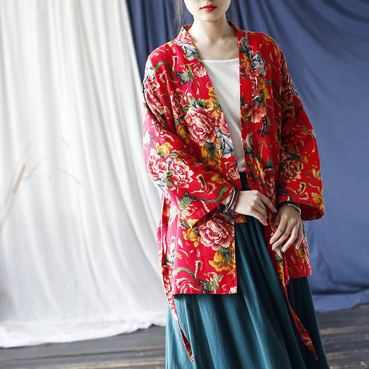 Giacca con lacci in cotone e lino con stampa di peonie in stile etnico con fiori rossi nord-orientali Buddha Stones