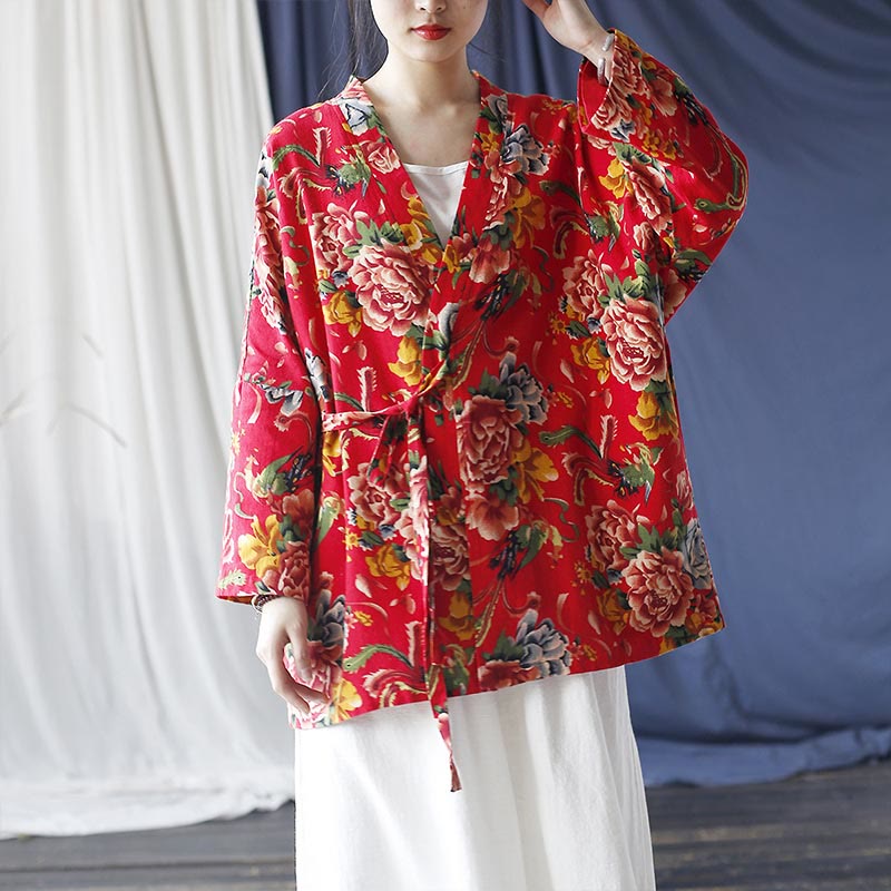 Giacca con lacci in cotone e lino con stampa di peonie in stile etnico con fiori rossi nord-orientali Buddha Stones