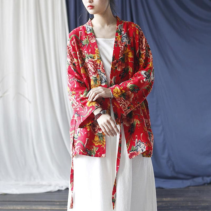 Giacca con lacci in cotone e lino con stampa di peonie in stile etnico con fiori rossi nord-orientali Buddha Stones