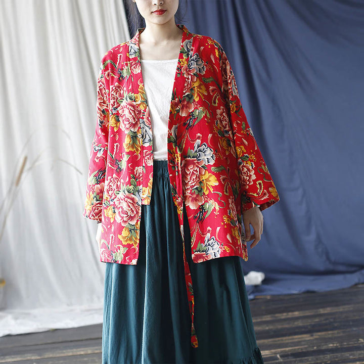 Giacca con lacci in cotone e lino con stampa di peonie in stile etnico con fiori rossi nord-orientali Buddha Stones