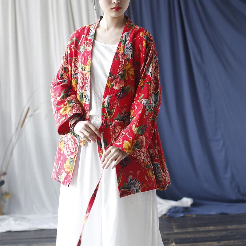Giacca con lacci in cotone e lino con stampa di peonie in stile etnico con fiori rossi nord-orientali Buddha Stones