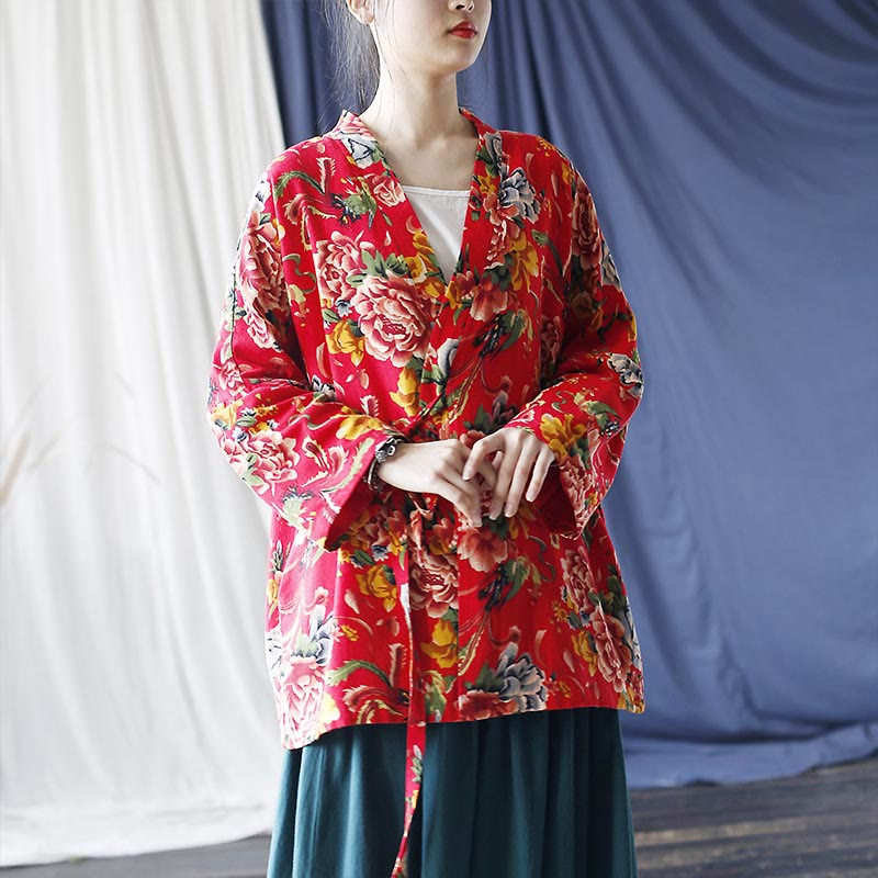Giacca con lacci in cotone e lino con stampa di peonie in stile etnico con fiori rossi nord-orientali Buddha Stones