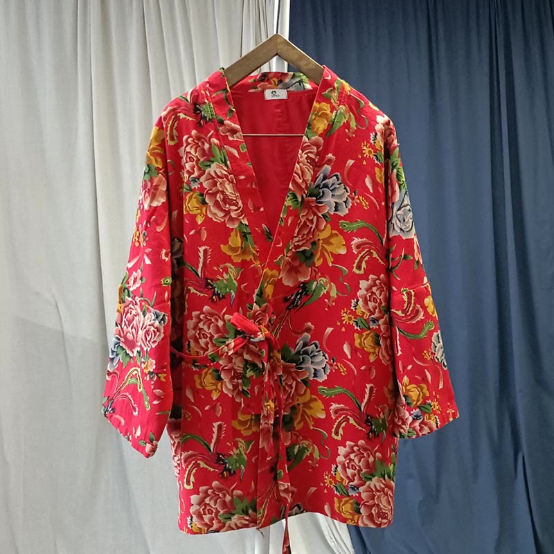 Giacca con lacci in cotone e lino con stampa di peonie in stile etnico con fiori rossi nord-orientali Buddha Stones