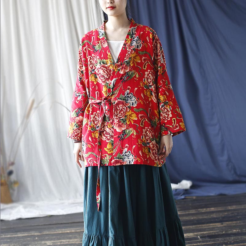 Giacca con lacci in cotone e lino con stampa di peonie in stile etnico con fiori rossi nord-orientali Buddha Stones