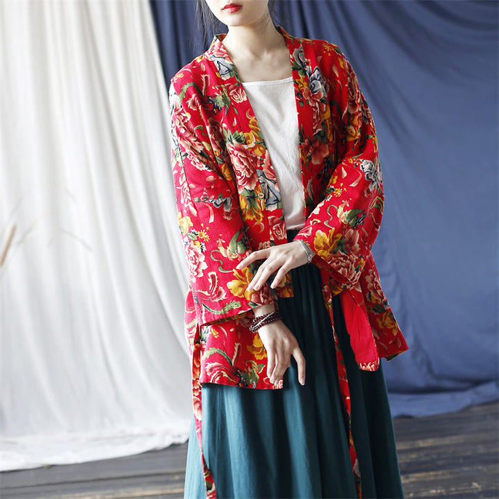 Giacca con lacci in cotone e lino con stampa di peonie in stile etnico con fiori rossi nord-orientali Buddha Stones