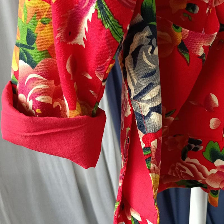 Giacca camicia a maniche lunghe in lino di cotone con bottoni a rana, etnica, con fiori rossi, peonia e tasche , Buddha Stones - image 12