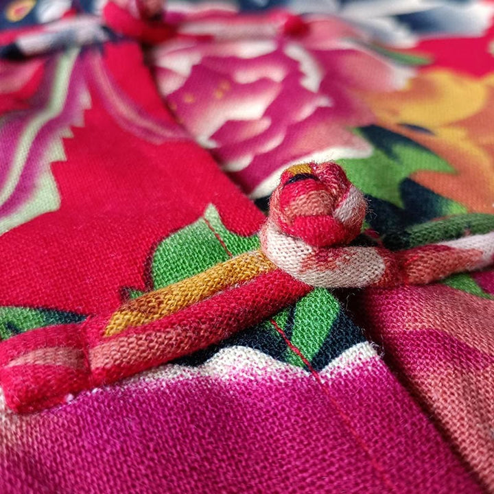 Giacca camicia a maniche lunghe in lino di cotone con bottoni a rana, etnica, con fiori rossi, peonia e tasche , Buddha Stones