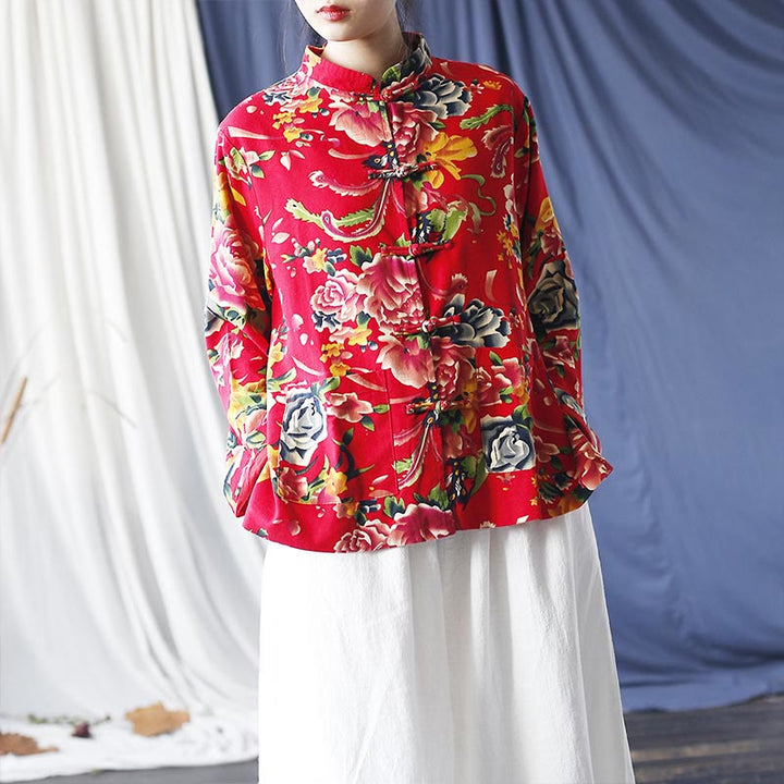 Giacca camicia a maniche lunghe in lino di cotone con bottoni a rana, etnica, con fiori rossi, peonia e tasche , Buddha Stones