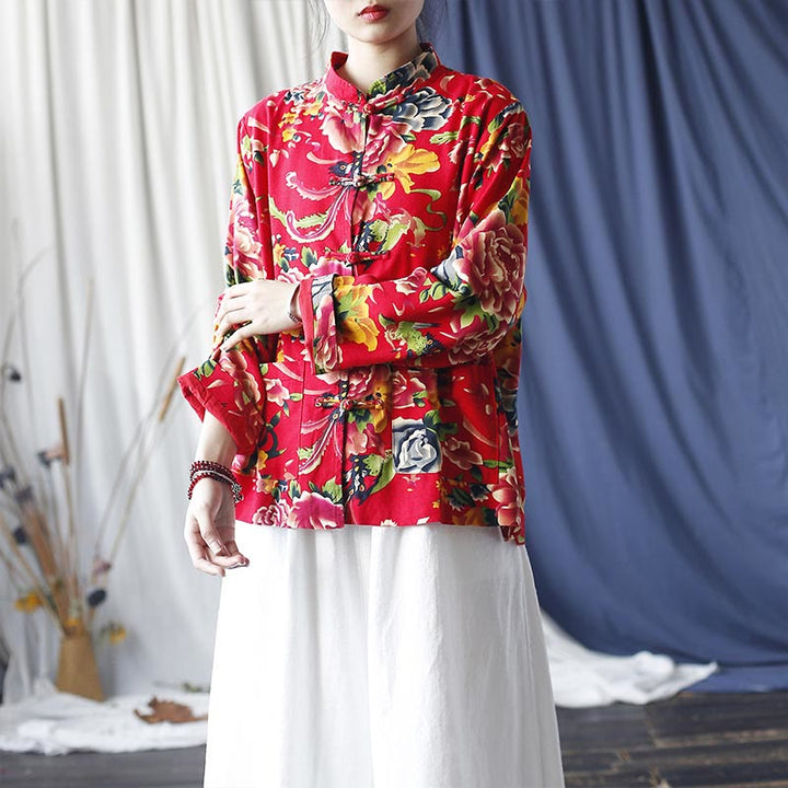 Giacca camicia a maniche lunghe in lino di cotone con bottoni a rana, etnica, con fiori rossi, peonia e tasche , Buddha Stones