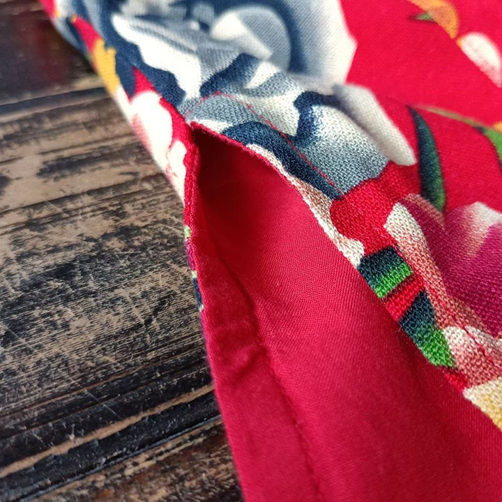 Giacca camicia a maniche lunghe in lino di cotone con bottoni a rana, etnica, con fiori rossi, peonia e tasche , Buddha Stones