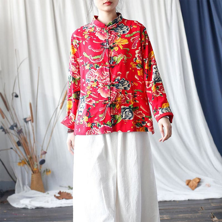 Giacca camicia a maniche lunghe in lino di cotone con bottoni a rana, etnica, con fiori rossi, peonia e tasche , Buddha Stones