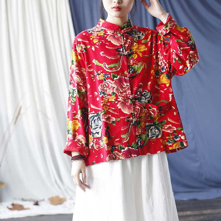 Giacca camicia a maniche lunghe in lino di cotone con bottoni a rana, etnica, con fiori rossi, peonia e tasche , Buddha Stones
