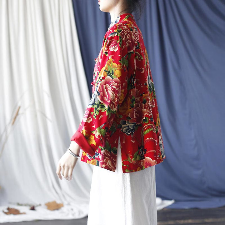 Giacca camicia a maniche lunghe in lino di cotone con bottoni a rana, etnica, con fiori rossi, peonia e tasche , Buddha Stones