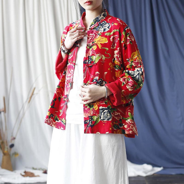 Giacca camicia a maniche lunghe in lino di cotone con bottoni a rana, etnica, con fiori rossi, peonia e tasche , Buddha Stones