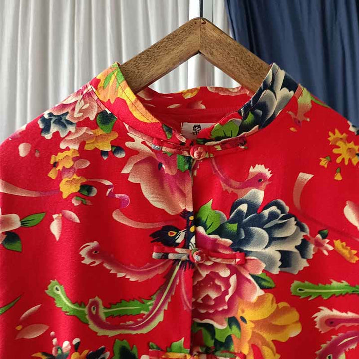 Giacca camicia a maniche lunghe in lino di cotone con bottoni a rana, etnica, con fiori rossi, peonia e tasche , Buddha Stones