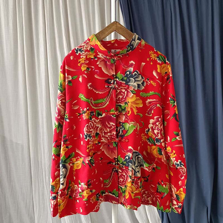 Giacca camicia a maniche lunghe in lino di cotone con bottoni a rana, etnica, con fiori rossi, peonia e tasche , Buddha Stones