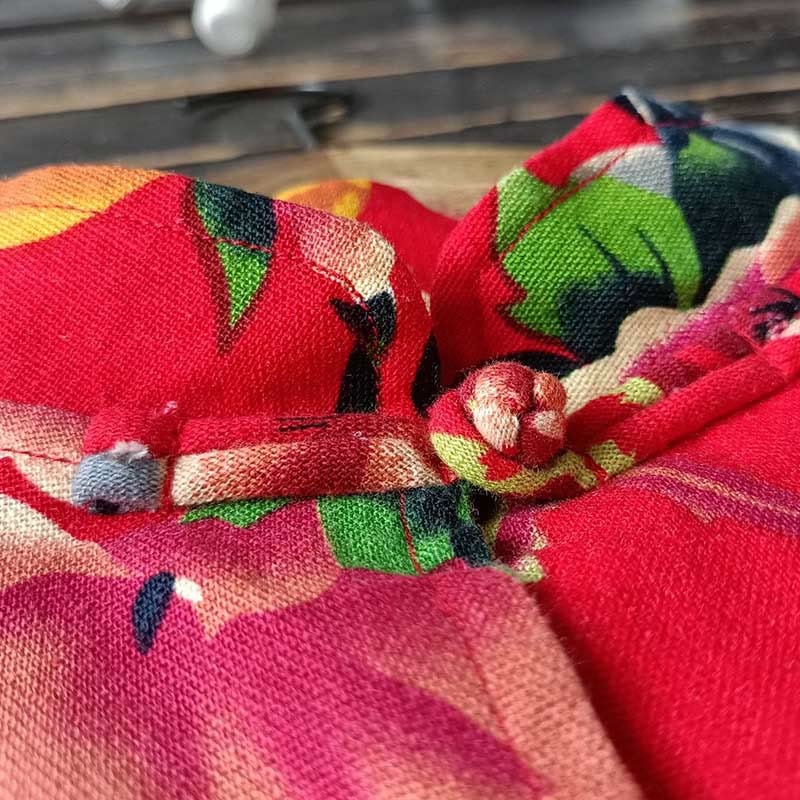Giacca camicia a maniche lunghe in lino di cotone con bottoni a rana, etnica, con fiori rossi, peonia e tasche , Buddha Stones