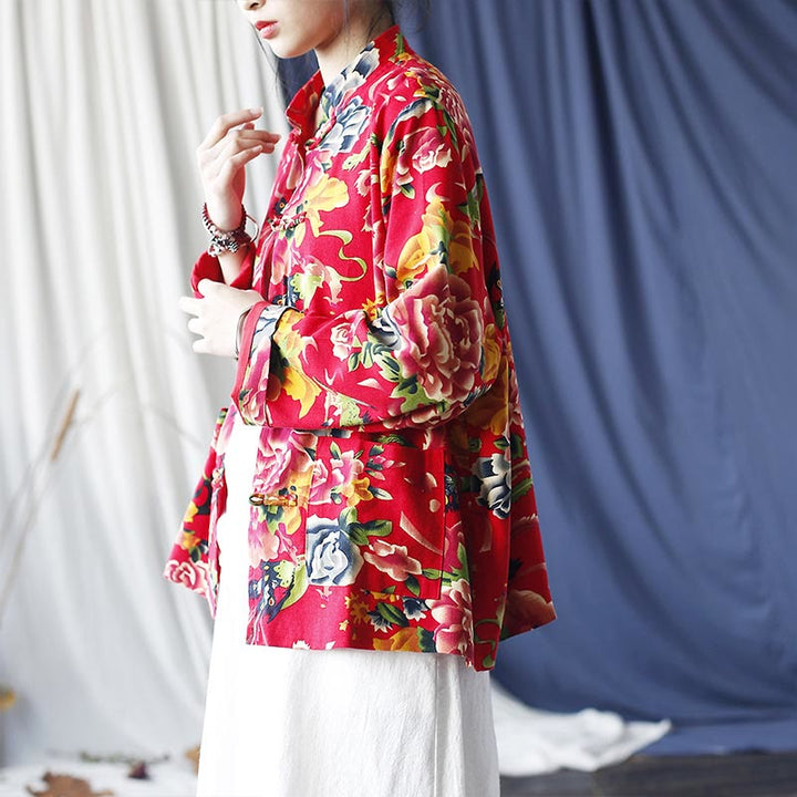 Giacca camicia a maniche lunghe in lino di cotone con bottoni a rana, etnica, con fiori rossi, peonia e tasche , Buddha Stones