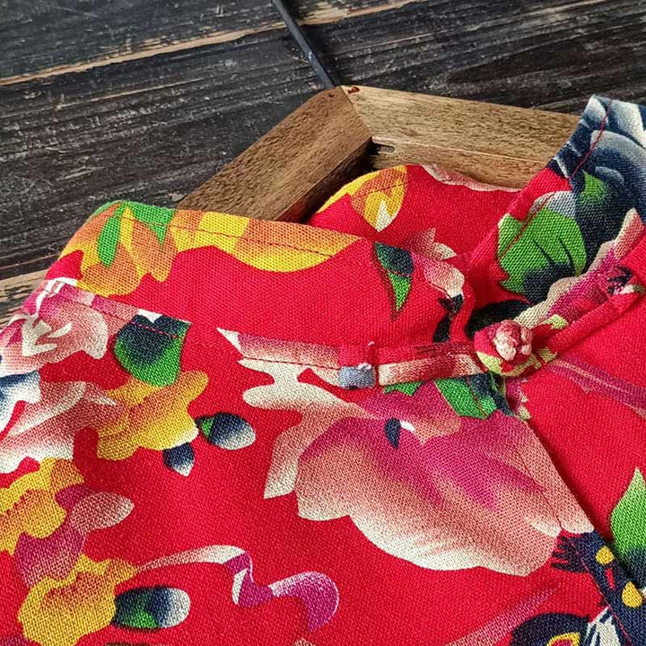 Giacca camicia a maniche lunghe in lino di cotone con bottoni a rana, etnica, con fiori rossi, peonia e tasche , Buddha Stones