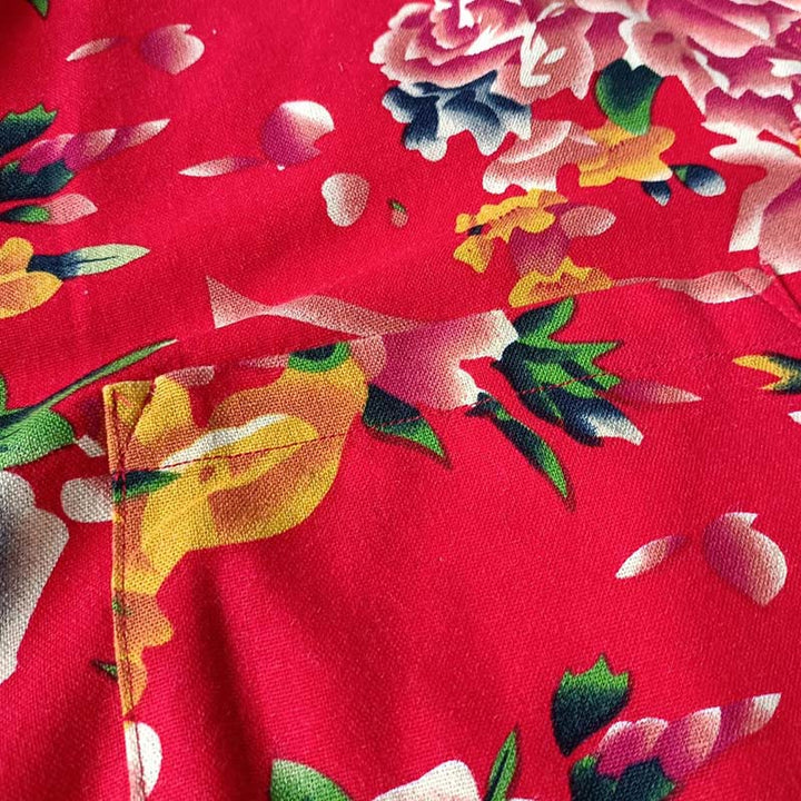 Giacca camicia a maniche lunghe in lino di cotone con bottoni a rana, etnica, con fiori rossi, peonia e tasche , Buddha Stones