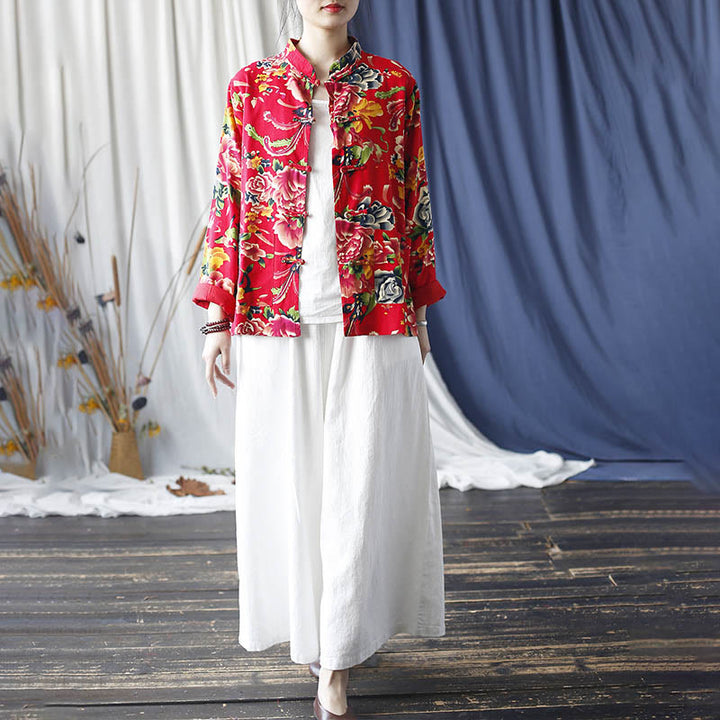 Giacca camicia a maniche lunghe in lino di cotone con bottoni a rana, etnica, con fiori rossi, peonia e tasche , Buddha Stones