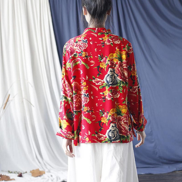 Giacca camicia a maniche lunghe in lino di cotone con bottoni a rana, etnica, con fiori rossi, peonia e tasche , Buddha Stones