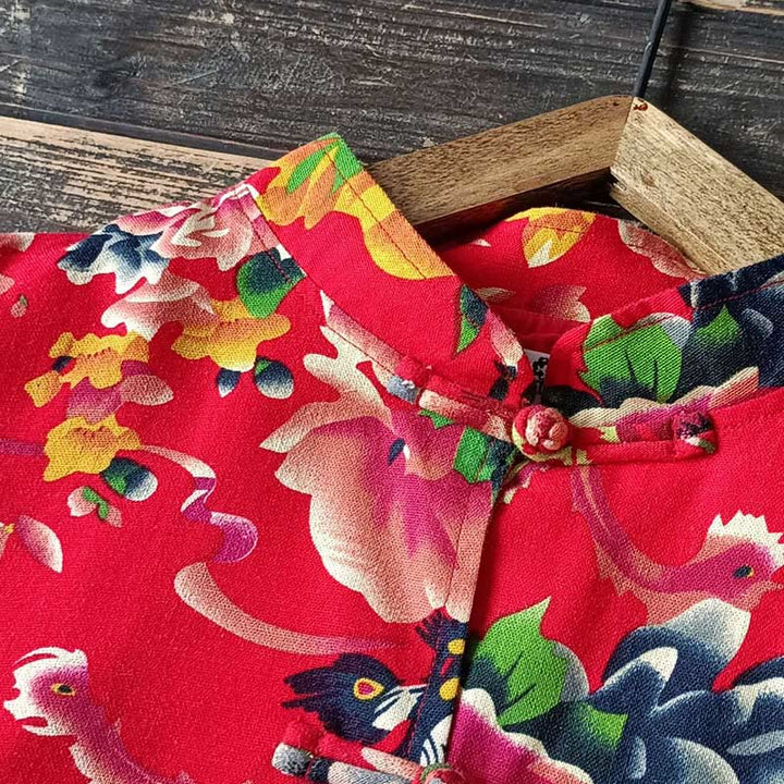Giacca camicia a maniche lunghe in lino di cotone con bottoni a rana, etnica, con fiori rossi, peonia e tasche , Buddha Stones