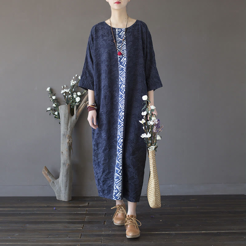 Abito midi in jacquard con ricamo di fiori blu Buddha Stones , abito in cotone con maniche a tre quarti e tasche