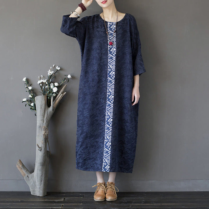 Abito midi in jacquard con ricamo di fiori blu Buddha Stones , abito in cotone con maniche a tre quarti e tasche