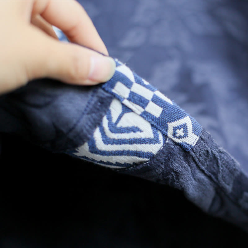 Abito midi in jacquard con ricamo di fiori blu Buddha Stones , abito in cotone con maniche a tre quarti e tasche - image 9