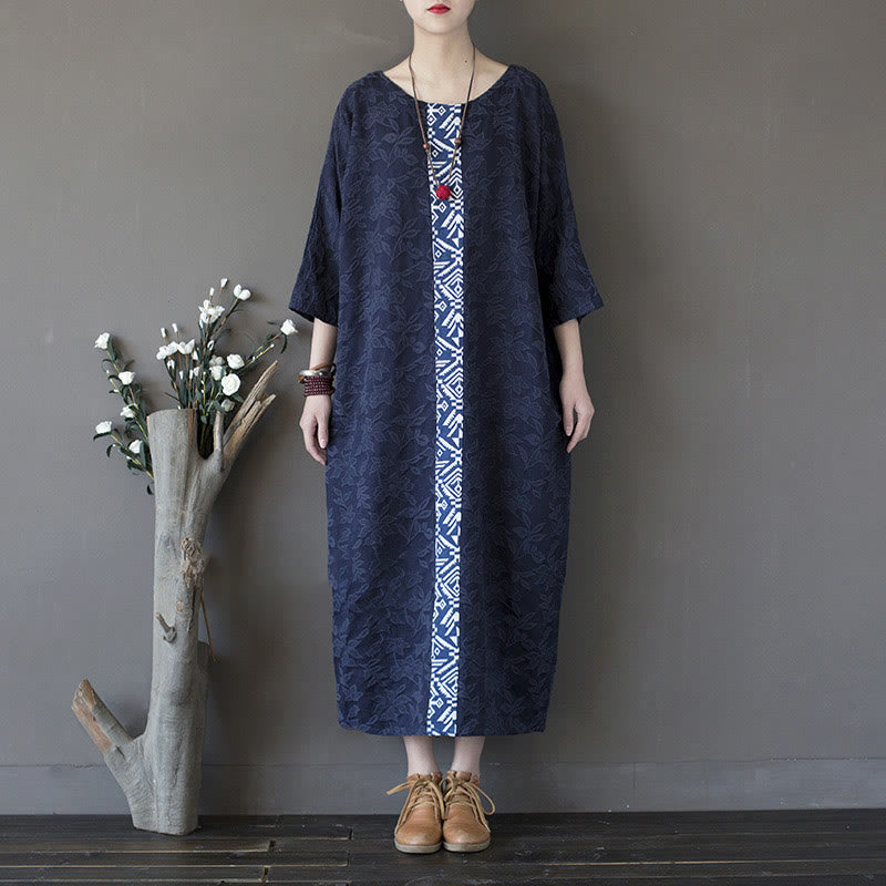 Abito midi in jacquard con ricamo di fiori blu Buddha Stones , abito in cotone con maniche a tre quarti e tasche