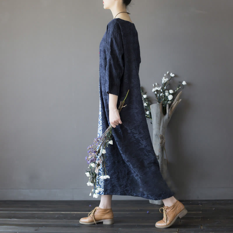 Abito midi in jacquard con ricamo di fiori blu Buddha Stones , abito in cotone con maniche a tre quarti e tasche