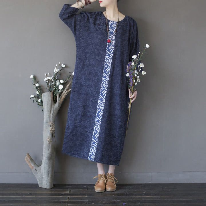 Abito midi in jacquard con ricamo di fiori blu Buddha Stones , abito in cotone con maniche a tre quarti e tasche