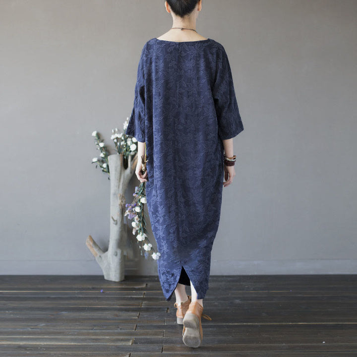 Abito midi in jacquard con ricamo di fiori blu Buddha Stones , abito in cotone con maniche a tre quarti e tasche