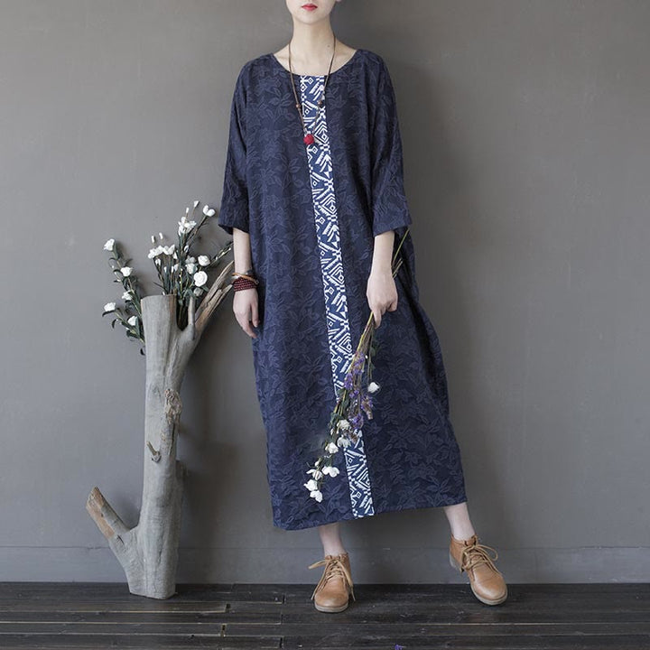 Abito midi in jacquard con ricamo di fiori blu Buddha Stones , abito in cotone con maniche a tre quarti e tasche