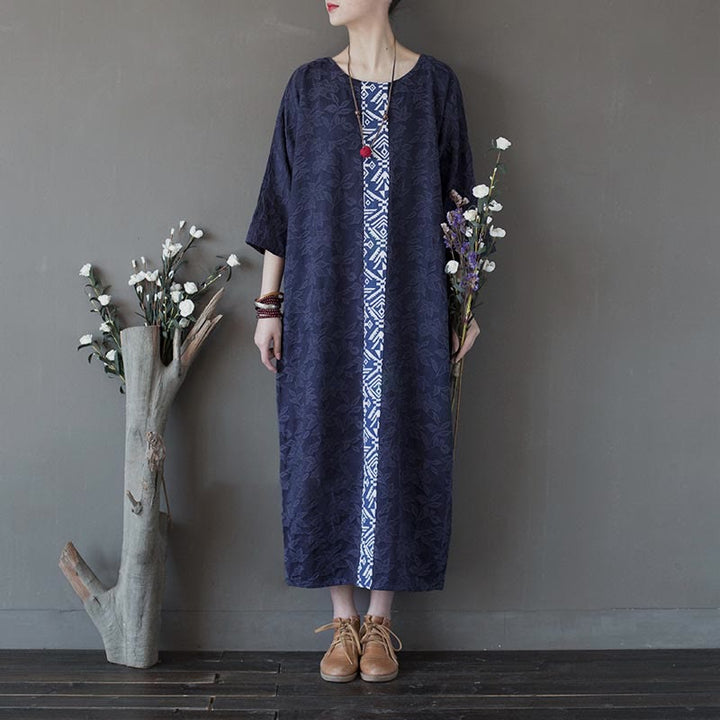 Abito midi in jacquard con ricamo di fiori blu Buddha Stones , abito in cotone con maniche a tre quarti e tasche