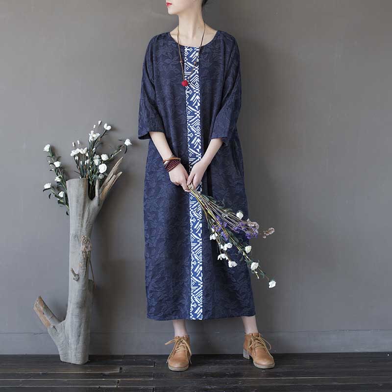 Abito midi in jacquard con ricamo di fiori blu Buddha Stones , abito in cotone con maniche a tre quarti e tasche