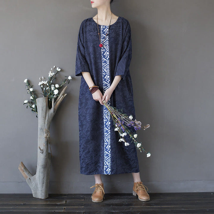 Abito midi in jacquard con ricamo di fiori blu Buddha Stones , abito in cotone con maniche a tre quarti e tasche