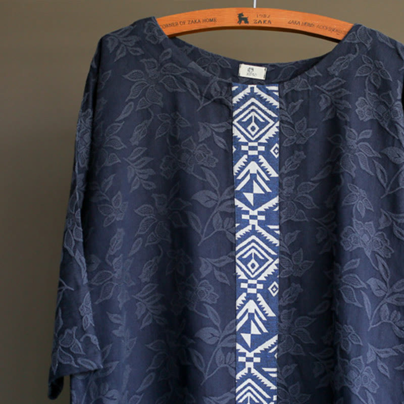 Abito midi in jacquard con ricamo di fiori blu Buddha Stones , abito in cotone con maniche a tre quarti e tasche