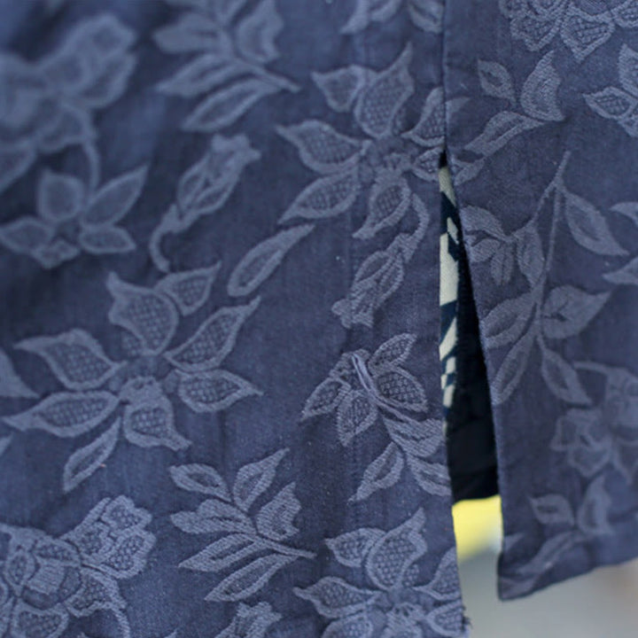 Abito midi in jacquard con ricamo di fiori blu Buddha Stones , abito in cotone con maniche a tre quarti e tasche