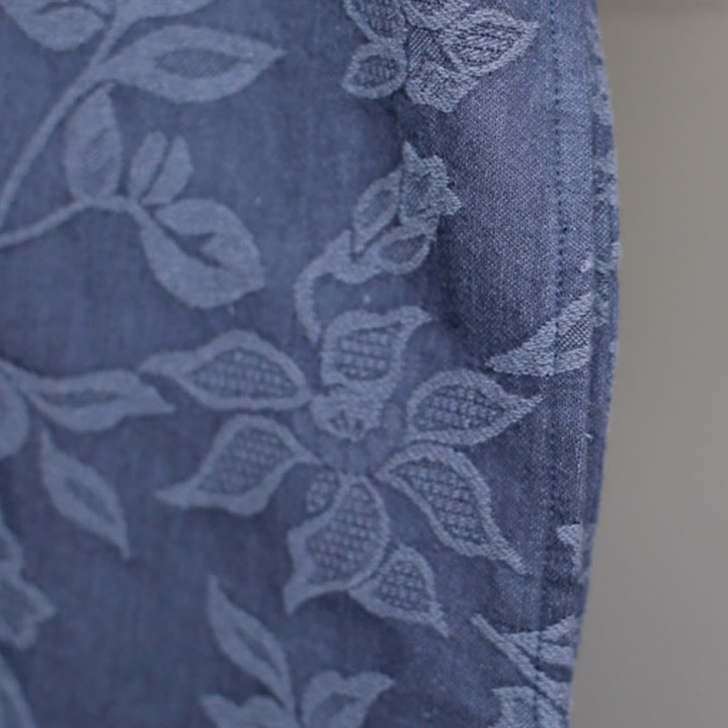 Abito midi in jacquard con ricamo di fiori blu Buddha Stones , abito in cotone con maniche a tre quarti e tasche